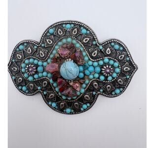 Ornate Stone Decorated Belt Buckle in Turquoise and Red
